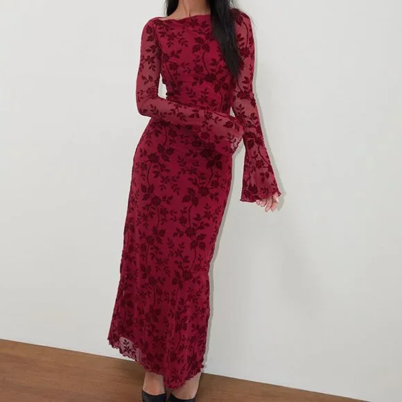 open lace back dress Gabriela Midi Dress in Botanical Flower Maroon